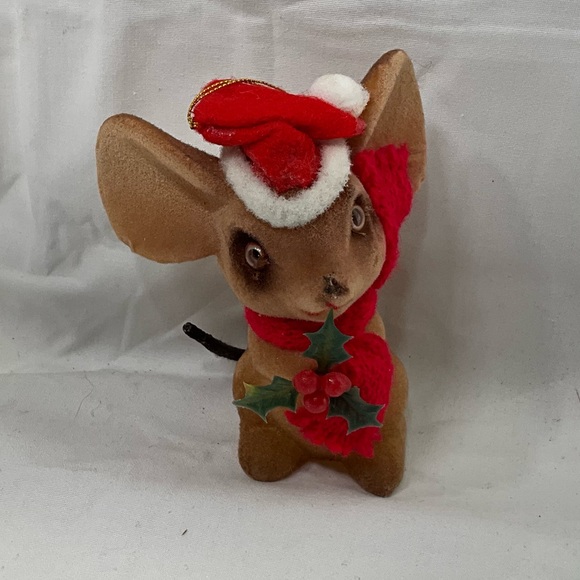 Vintage Brown Fuzzy Christmas Mouse Tree Ornament With Gold Hanger String - Picture 1 of 7